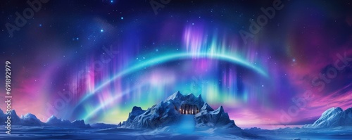 Igloo ice hotel with aurora borealis during magic winter  panorama. Generative Ai.