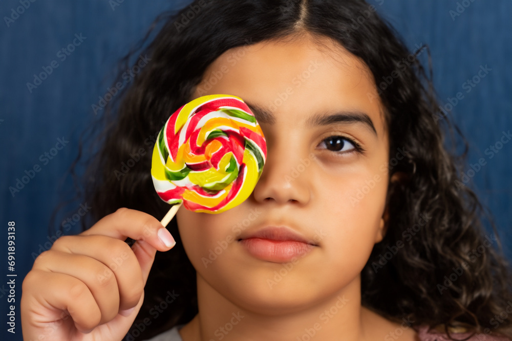girl with a lollipop. a little girl with long wavy hair stands against a blue background holding a large bright multi-colored lollipop to her eye