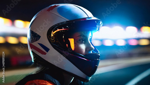Woman racer under night lights