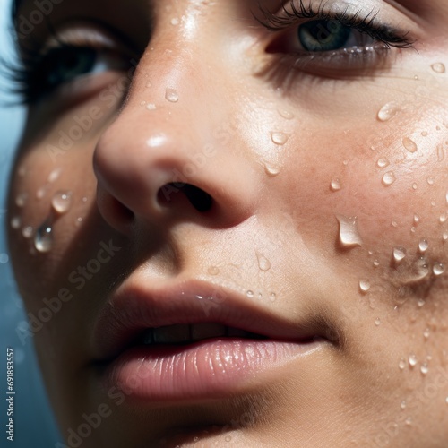 Close-up portrait of a woman with water droplets on their skin, highlighting lips. Cosmetic skin care