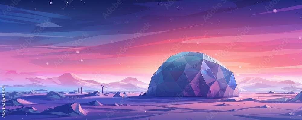 Igloo ice hotel with sunset during magic winter night, panorama. Generative Ai.