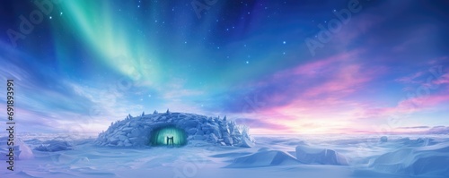 Igloo ice hotel with aurora borealis during magic winter night, panorama.  Generative Ai. © annamaria