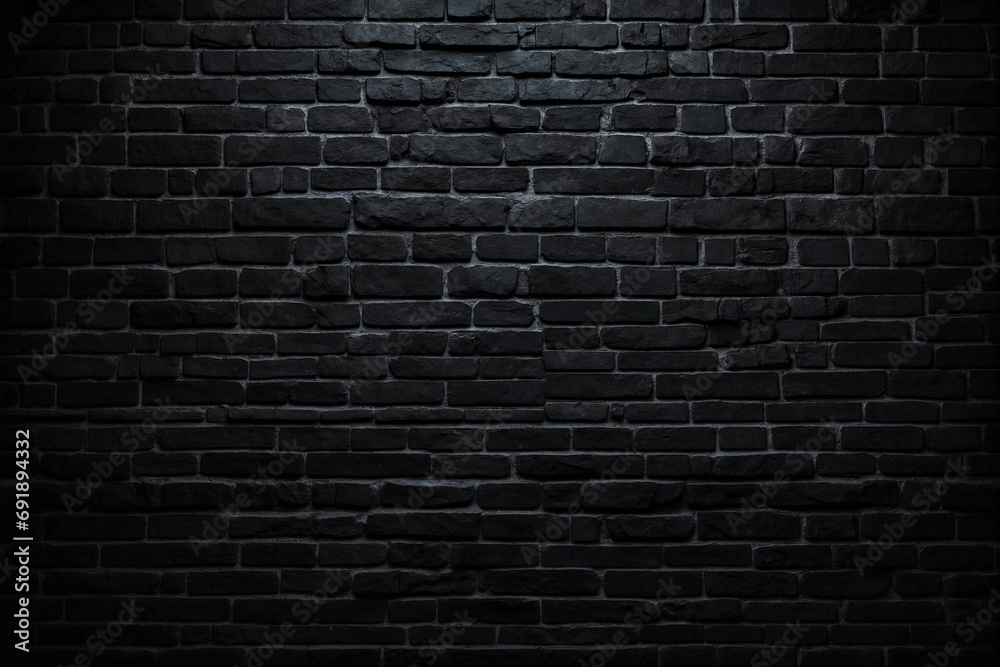 black brick wall in a dark room, with a single spotlight shining on it. The spotlight creates dramatic shadows and highlights on the rough texture of the bricks.