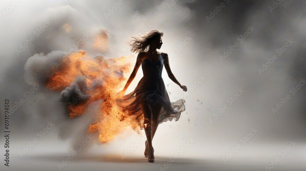A modern abstract background with burst smoke with fire, in that fire a silhouette female model in a dress walking with confidence and unharmed