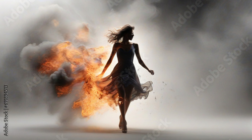A modern abstract background with burst smoke with fire, in that fire a silhouette female model in a dress walking with confidence and unharmed photo