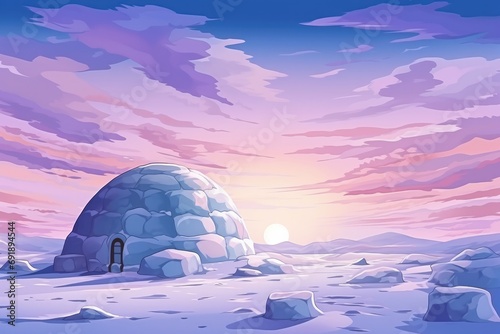 Igloo ice hotel on a snowy plain with sunset during magic winter night. Generative Ai.