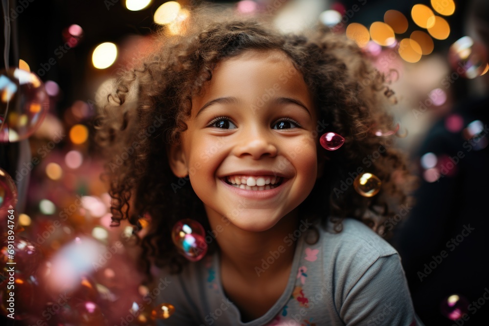 A little curly-haired girl laughs in front of a background of soap balls