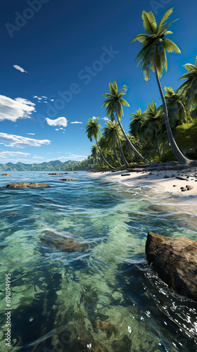 a tropical beach with palm trees and rocks. Generative Ai