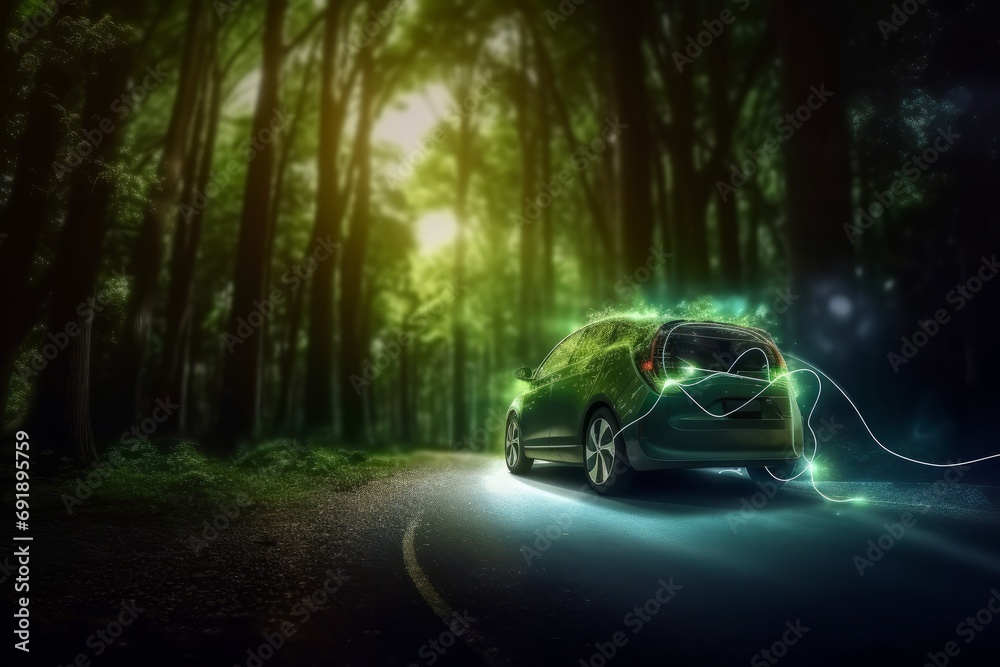 Car with led lights on the road in forest. 3d rendering