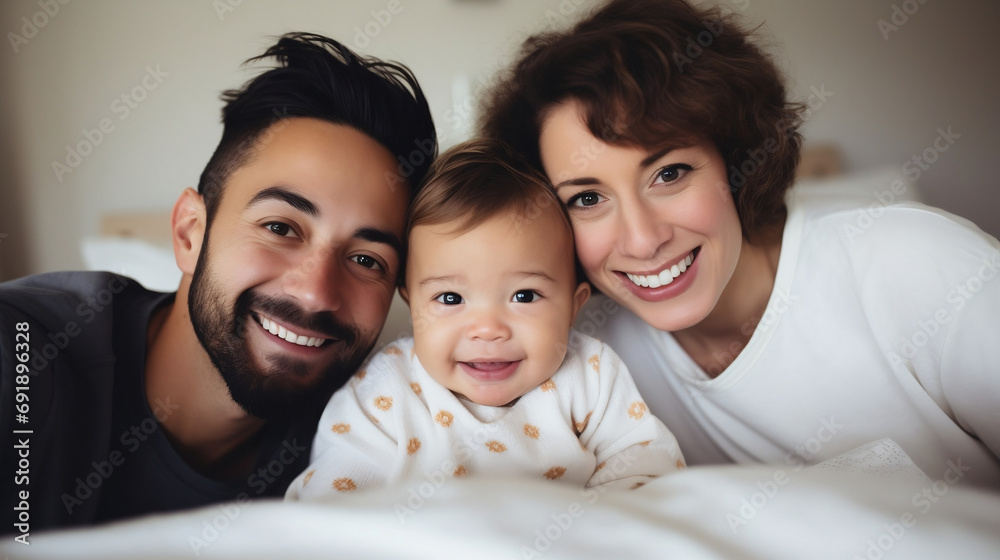 Interracial family having fun time with mom and dad at bed home looking at the camera