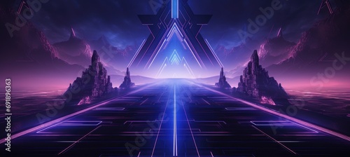 Retro futuristic illustration with glowing grids, pixelated landscapes, and stylized laser beams