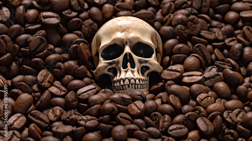 A human skull on a background of coffee beans can be seen as a symbol of the irreparable harm caused by excessive caffeine consumption and humanity's addiction to coffee photo