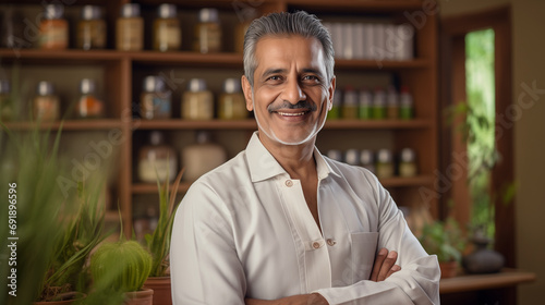 A smiling Indian Ayurvedic doctor in his clinic, surrounded by Ayurvedic medicines photo