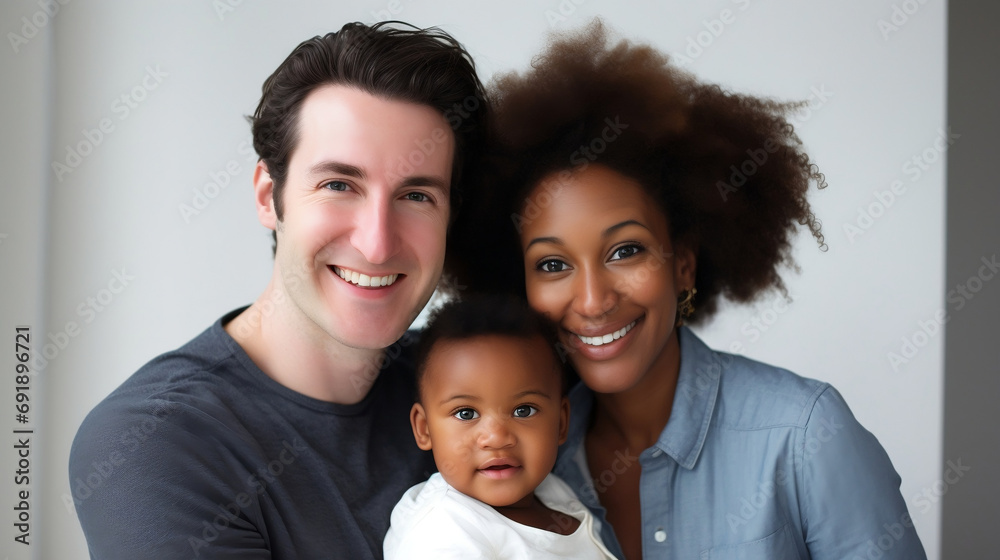 Interracial family having fun time with mom and dad at home looking at the camera