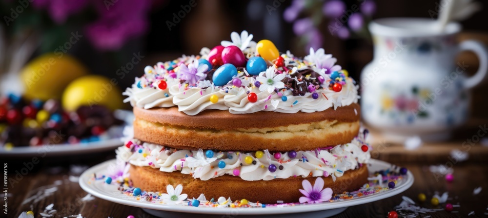 Delicious easter pie or cake adorned with vibrant icing and beautifully crafted decorative elements Delicious easter pie or cake adorned with vibrant icing and beautifully crafted decorative elements