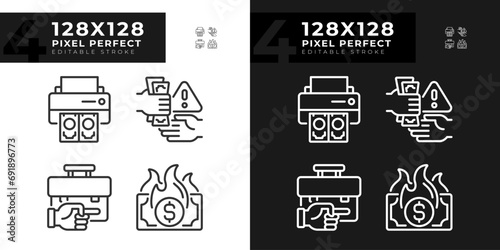2D pixel perfect simple light and dark icons set representing economic crisis, editable thin linear illustration.