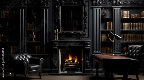 Stampa su tela a black wall with intricate moulding patern, old english office