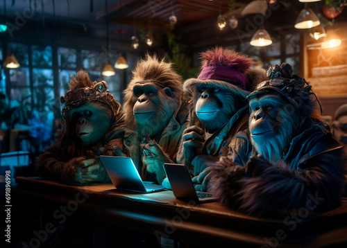 anthropomorphic human-like chimpanzees using smart phones, tablets and technology