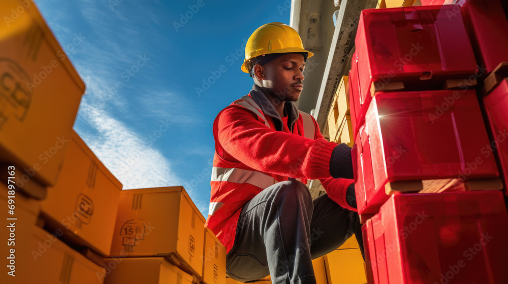 A man in overalls is loading boxes, parcels A man in overalls is loading boxes, parcels