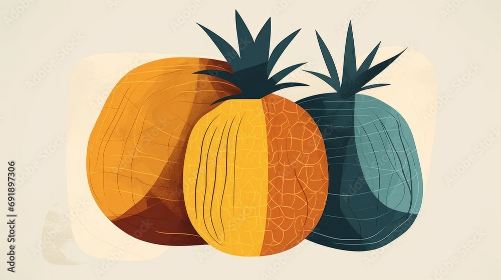 Pineapple fruit in naive art style illustrations on beige background