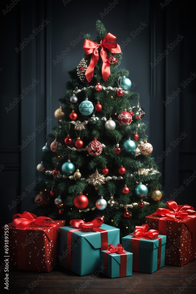 Christmas tree decorated for New Year's holiday on a dark background, with gifts and balls, winter season