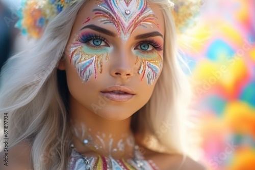 A Beautiful Woman wearing Dessous in the Psychedelic Rainbow Goddess Beauty White Holy Style - Happy, Body Positive and Self Love Woman Fashion Background created with Generative AI Technology