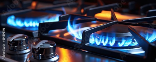 Detail view on kitchen gas cooker with blue flame on while cooking, banner panorama. Generative Ai. photo