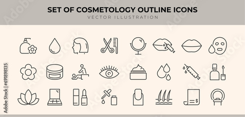 Set of Cosmetology outline icons related to healthcare, medical, medicine. Linear icon collection. Editable stroke. Vector illustration