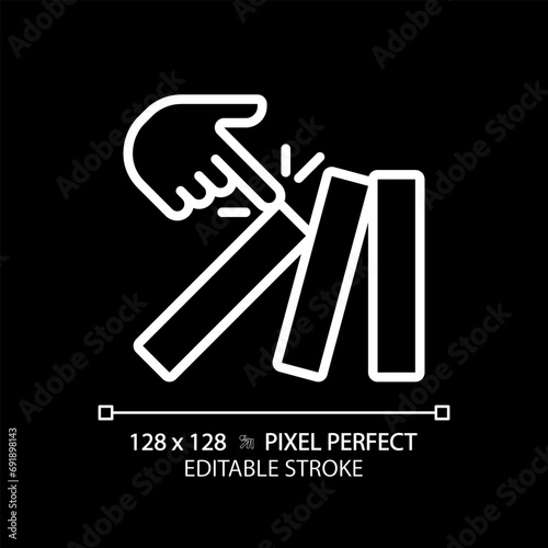 2D pixel perfect editable white tumbling dominoes icon, isolated vector, thin line illustration representing economic crisis.