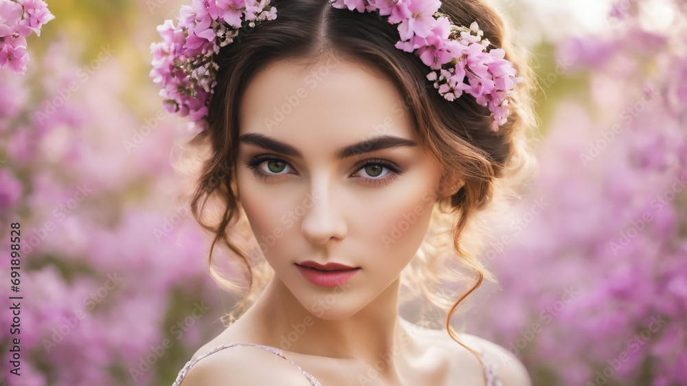 Portrait of a beautiful woman with wreath spring flowers over her head. Generative Ai