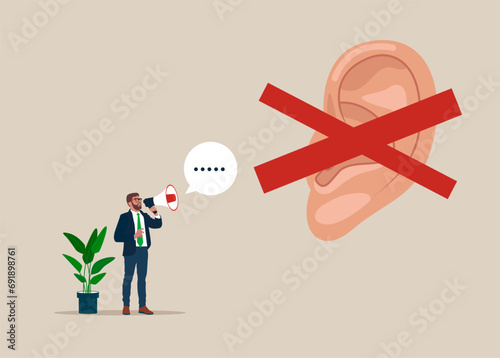 Stop propaganda. Important news, danger situation. Ignorance, not being heard, listened to. Flat vector illustration