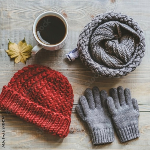 Winter fashion items such as hats  gloves  and scarves