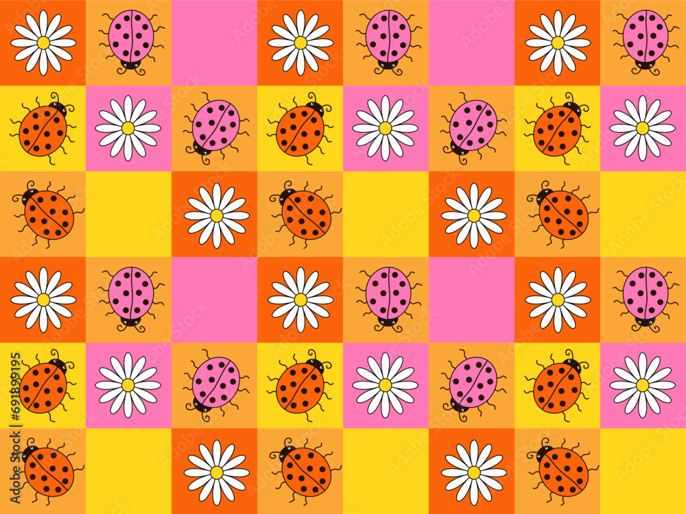 Seamless pattern of bright squares with daisies and ladybugs