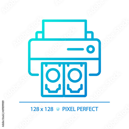 2D pixel perfect gradient printing money icon, isolated vector, thin line blue illustration representing economic crisis.