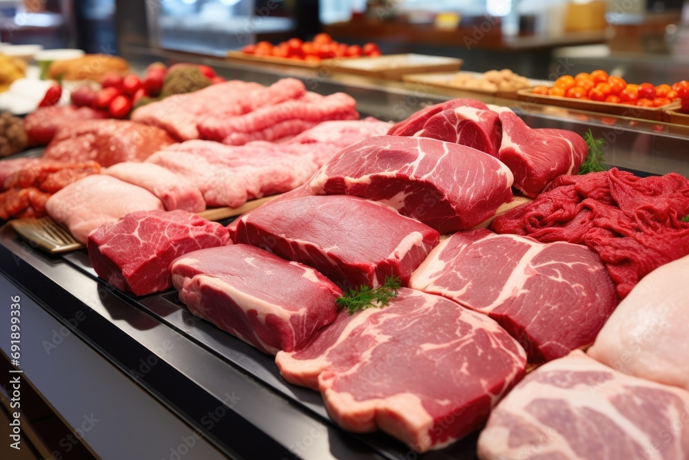 Various high-quality meats in a meat department Various high-quality meats in a meat department