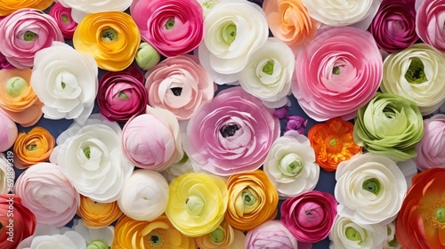 the beauty of ranunculus flowers, their layers of delicate petals and vibrant colors forming a lush and romantic floral arrangement on a pristine white canvas © baloch