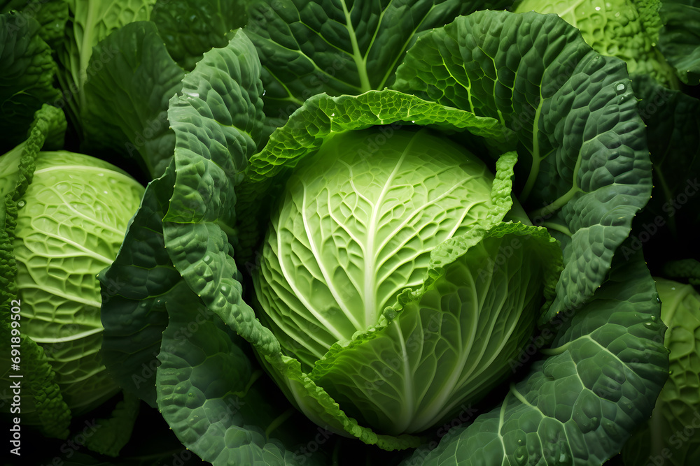 Obraz premium Close up of green cabbage in field