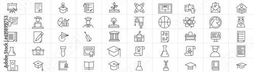Set of 50 vector education set of web icons in line style. Learning icons for web and mobile app. E-learning, video tutorial, knowledge, study, school, university, webinar, online education. 