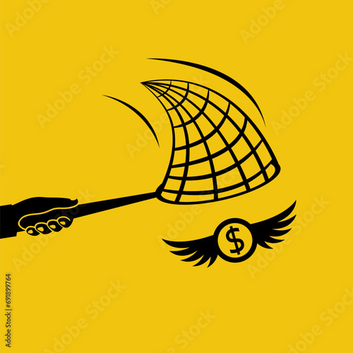 Chasing money concept. Businessman trying to catch flying coin. Business metaphor. Vector illustration flat design. Isolated on white background.