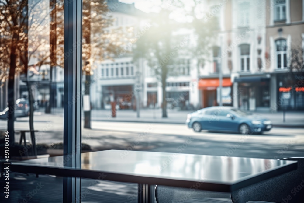 Calm urban cafe interior with a view of a sunlit city street and passing cars outside Calm urban cafe interior with a view of a sunlit city street and passing cars outside