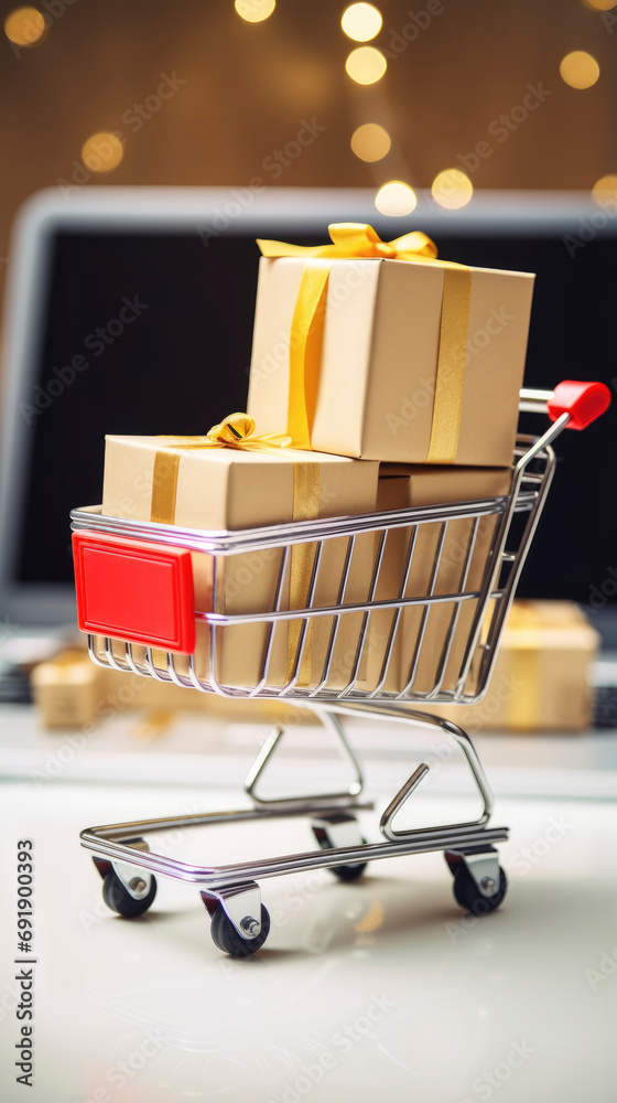 Gift boxes parcel in a cart trolley on laptop in shopping online concept