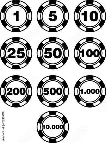 Fiches da gioco poker in bianco e nero