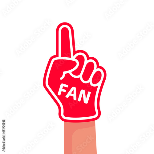 Foam fingers FAN. Number one, fan hand glove with red finger raised. Foam hand. Sport supporting. Hand up with word Go. Vector illustration flat design. Isolated on a white background.