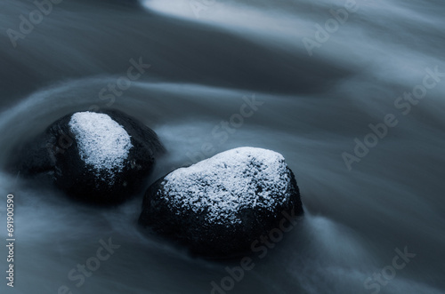 Close-up of Flowing Water over Icy Rock in Winter
