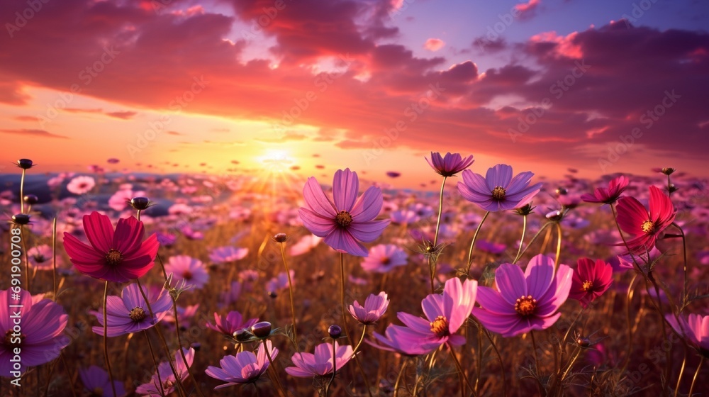 Fototapeta premium Tranquil Sunset over a Colorful Field of Blooming Flowers generated by AI tool