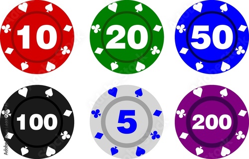 Fiches da gioco colorate, poker e gioco d'azzardo