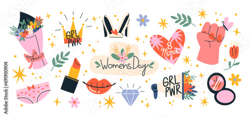 Set cartoon feminist stickers for March 8, International Women's Day. Stickers for the spring holiday, a bouquet of flowers, lipstick, girls power. Vector set