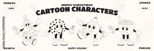 Christmas cartoon characters 90s poster.Christmas tree, cookie, ball, hot cocoa funny colorful set characters in doodle style with gloved hands. Vector groovy illustration with typography