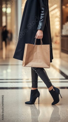 Mid section of modern shopper with shopping paperbag in the mall bokeh blur background