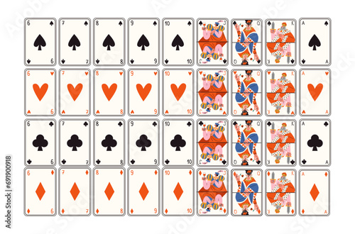 Cartoon retro full deck of game cards for playing poker and casino. Jack, queen, king, playing cards for gambling. Retro groovy hippie design clubs, hearts, spades, diamonds.